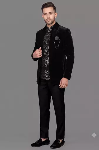 Black micro velvet open jodhpuri suit for men