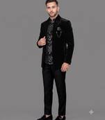 Black micro velvet open jodhpuri suit for men