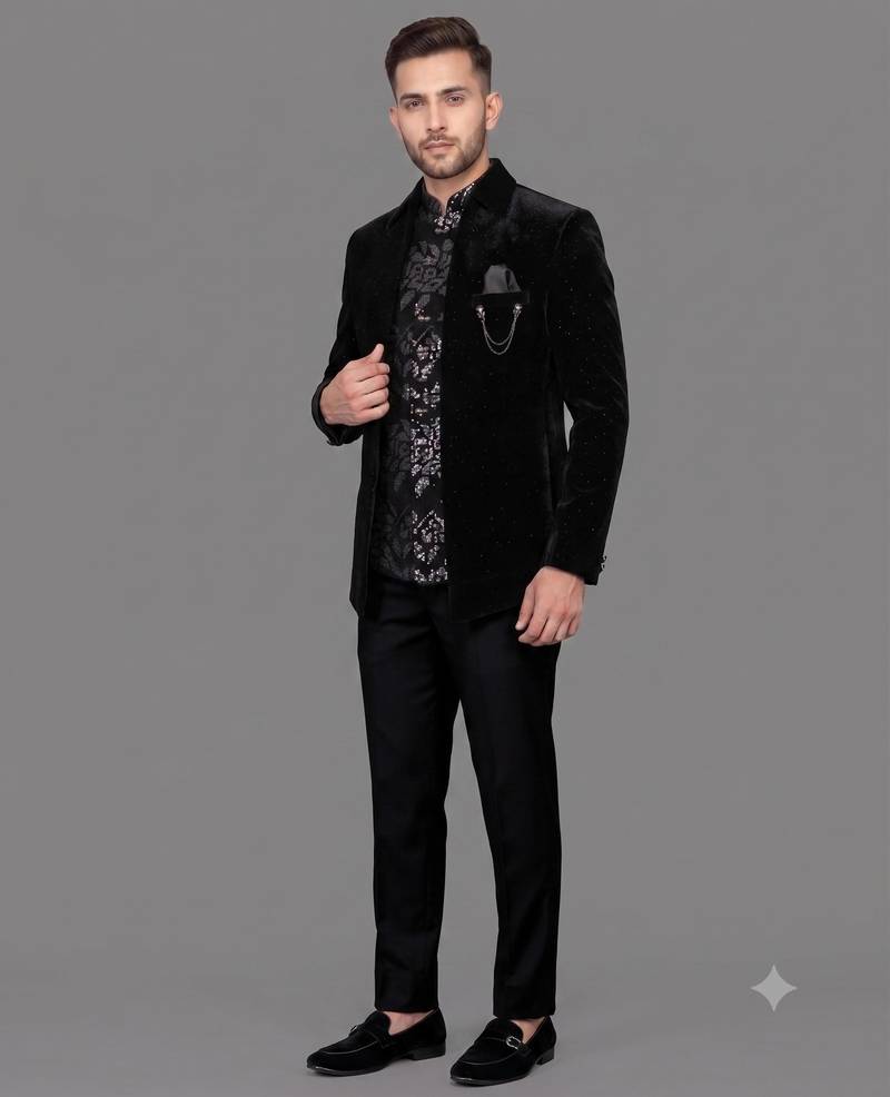 Black micro velvet open jodhpuri suit for men