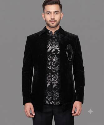 Black micro velvet open jodhpuri suit for men 2