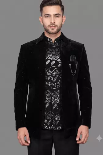 Black micro velvet open jodhpuri suit for men