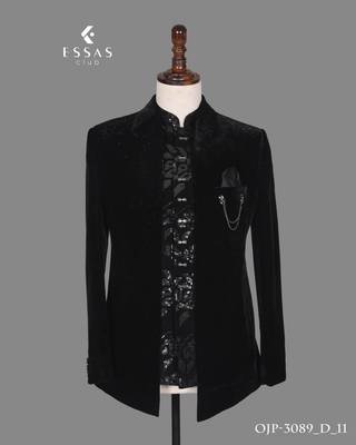 Black micro velvet open jodhpuri suit for men 3