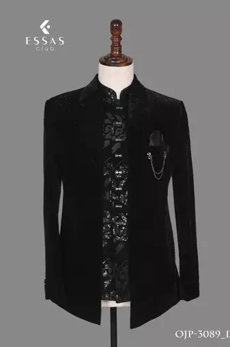 Black micro velvet open jodhpuri suit for men