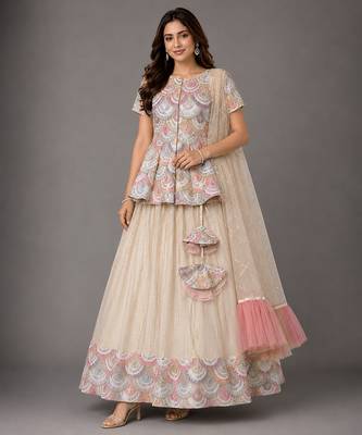 Off White Embroidered Cotton Silk Kurti Lehenga Set 1