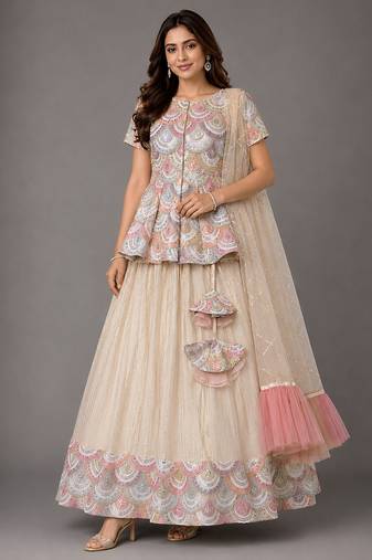 Off White Embroidered Cotton Silk Kurti Lehenga Set