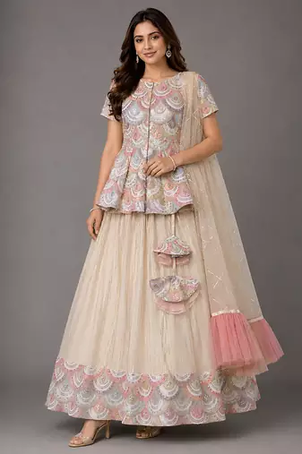 Off White Embroidered Cotton Silk Kurti Lehenga Set