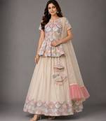 Off White Embroidered Cotton Silk Kurti Lehenga Set