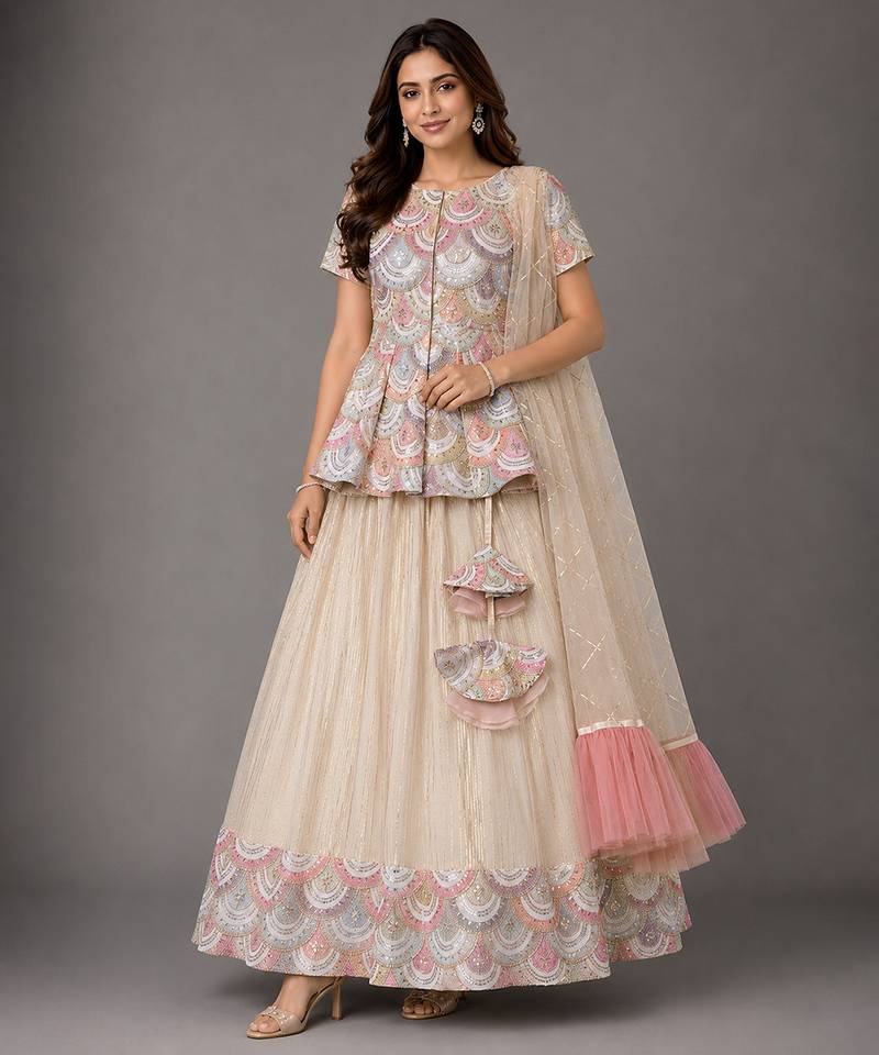 Off White Embroidered Cotton Silk Kurti Lehenga Set