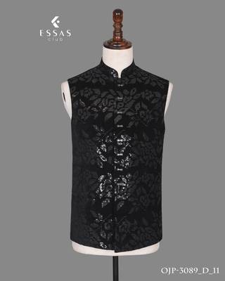 Black micro velvet open jodhpuri suit for men 4
