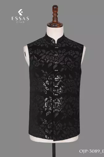 Black micro velvet open jodhpuri suit for men