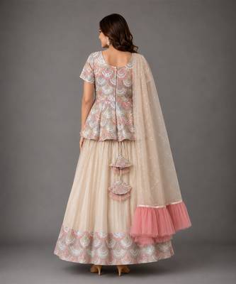 Off White Embroidered Cotton Silk Kurti Lehenga Set 2