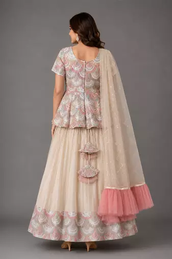 Off White Embroidered Cotton Silk Kurti Lehenga Set