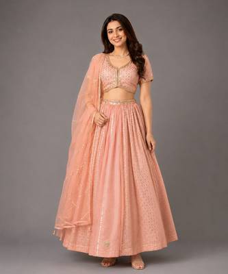 Peach Embroidered Chanderi Organza Lehenga Set 1