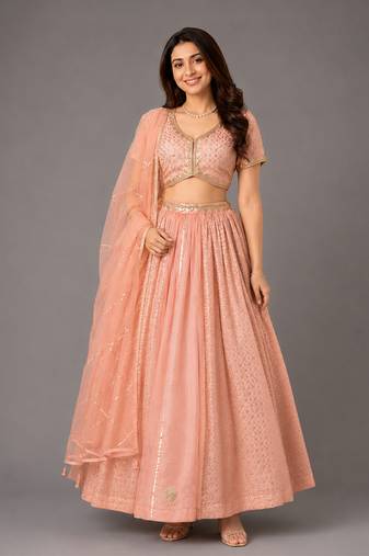 Peach Embroidered Chanderi Organza Lehenga Set