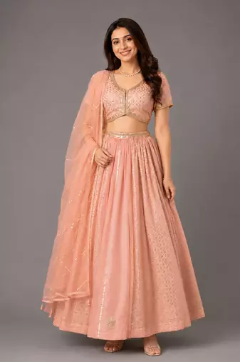 Peach Embroidered Chanderi Organza Lehenga Set