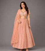Peach Embroidered Chanderi Organza Lehenga Set