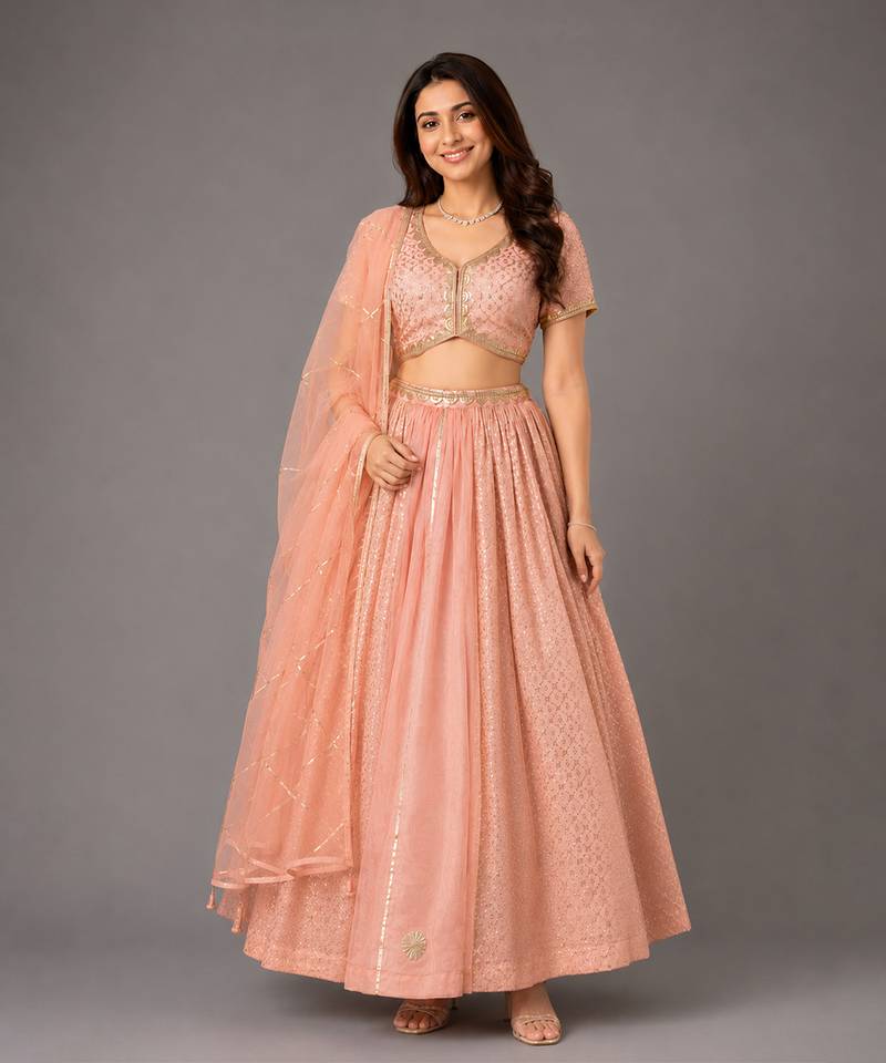 Peach Embroidered Chanderi Organza Lehenga Set