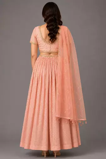 Peach Embroidered Chanderi Organza Lehenga Set