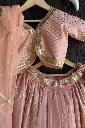 Peach Embroidered Chanderi Organza Lehenga Set