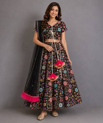 Black Multicolored Embroidered Organza Lehenga Set 1
