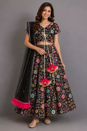 Black Multicolored Embroidered Organza Lehenga Set