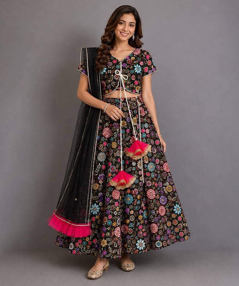 Black Multicolored Embroidered Organza Lehenga Set