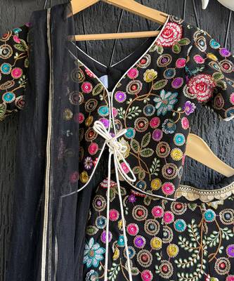 Black Multicolored Embroidered Organza Lehenga Set 2
