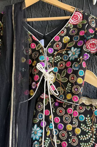 Black Multicolored Embroidered Organza Lehenga Set