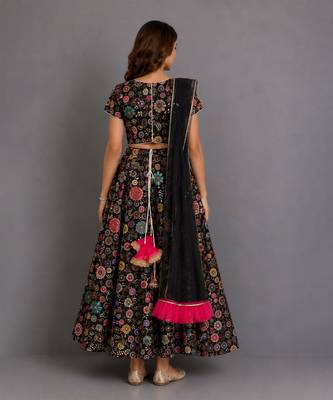 Black Multicolored Embroidered Organza Lehenga Set 3