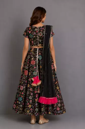 Black Multicolored Embroidered Organza Lehenga Set