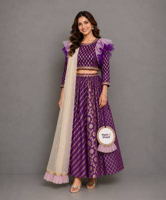 Purple Chanderi Organza Attached Dupatta Lehenga Set 1