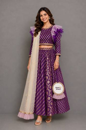 Purple Chanderi Organza Attached Dupatta Lehenga Set