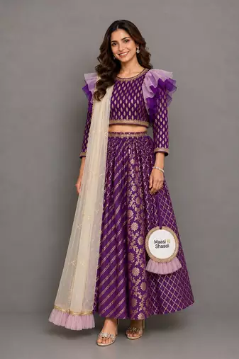 Purple Chanderi Organza Attached Dupatta Lehenga Set