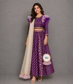 Purple Chanderi Organza Attached Dupatta Lehenga Set