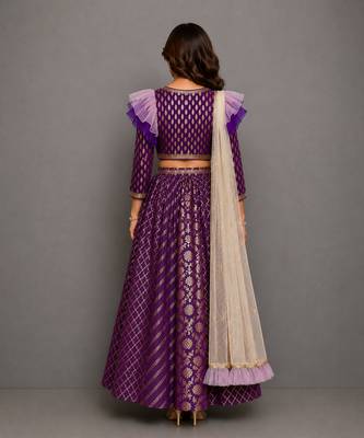 Purple Chanderi Organza Attached Dupatta Lehenga Set 2