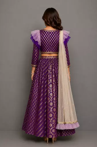 Purple Chanderi Organza Attached Dupatta Lehenga Set