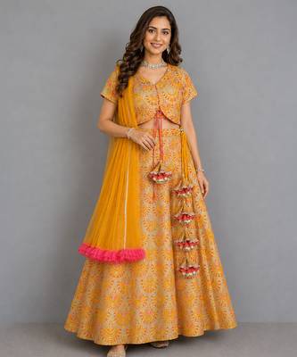 Mustard Yellow Embroidered Cotton Silk Lehenga Set 1