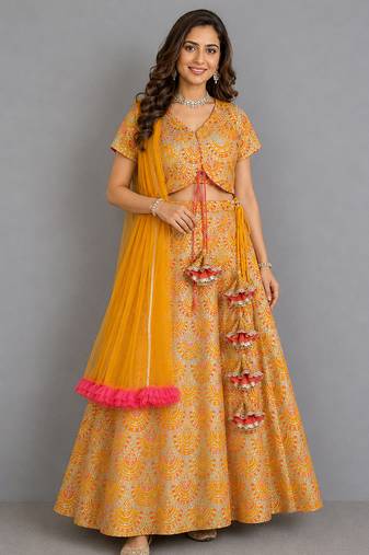 Mustard Yellow Embroidered Cotton Silk Lehenga Set
