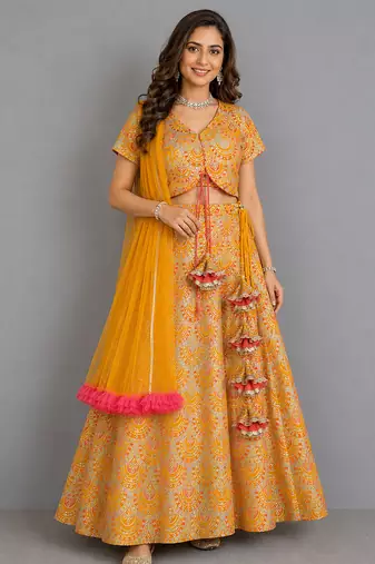 Mustard Yellow Embroidered Cotton Silk Lehenga Set