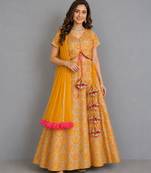 Mustard Yellow Embroidered Cotton Silk Lehenga Set