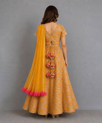 Mustard Yellow Embroidered Cotton Silk Lehenga Set 2