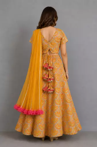 Mustard Yellow Embroidered Cotton Silk Lehenga Set