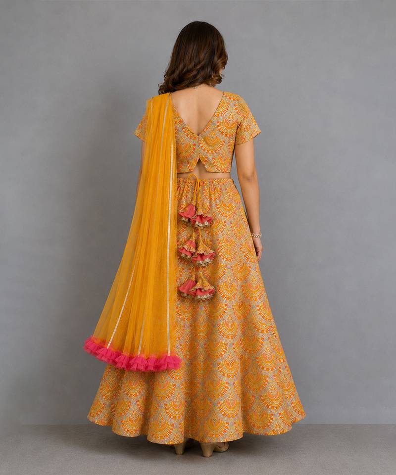 Mustard Yellow Embroidered Cotton Silk Lehenga Set