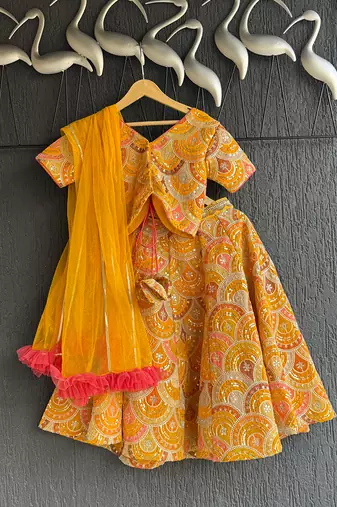 Mustard Yellow Embroidered Cotton Silk Lehenga Set