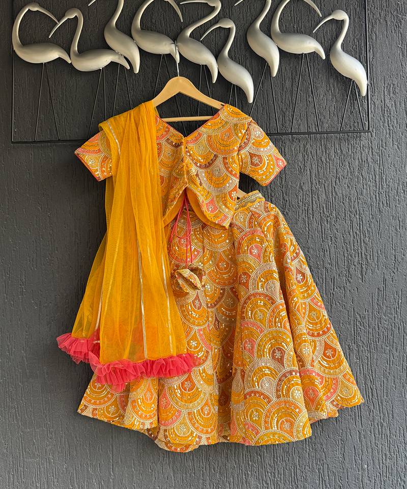 Mustard Yellow Embroidered Cotton Silk Lehenga Set