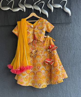 Mustard Yellow Embroidered Cotton Silk Lehenga Set 4