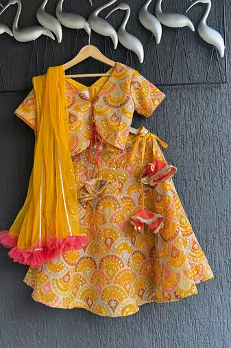Mustard Yellow Embroidered Cotton Silk Lehenga Set