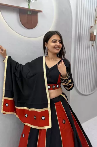Black Color Real mirror work Silk Blend Navratri Lahenga Choli Set