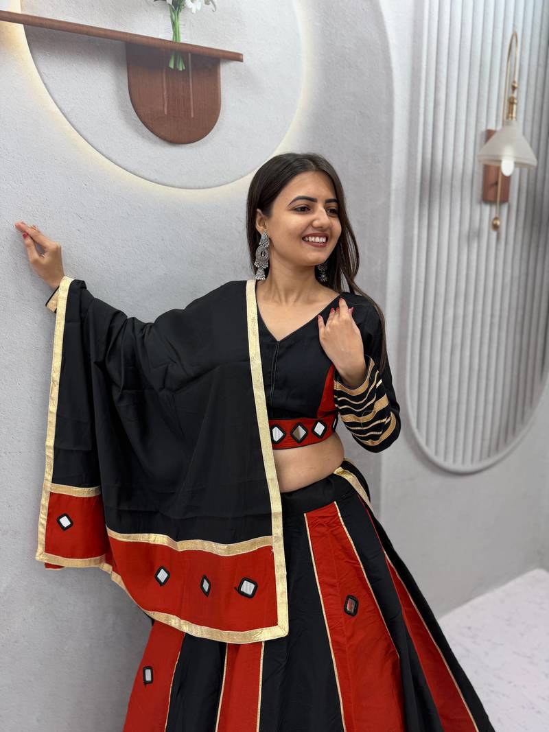 Black Color Real mirror work Silk Blend Navratri Lahenga Choli Set