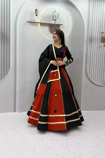 Black Color Real mirror work Silk Blend Navratri Lahenga Choli Set